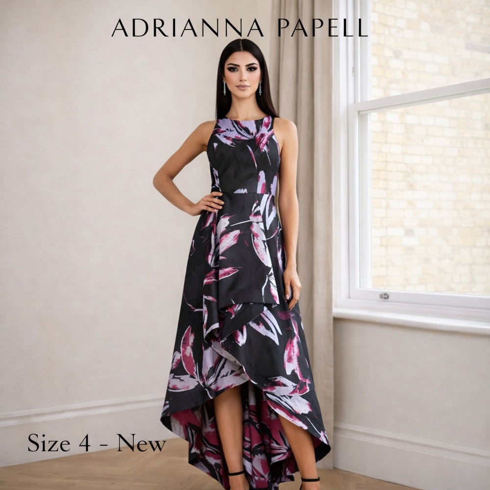 Adrianna Papell Floral High Low Dress Size 4 Black Pink Formal Evening Gown